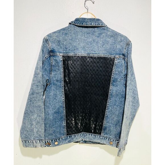 Serena denim jacket classic biker casual USA made sequins blue fall women's XS - Picture 1 of 7